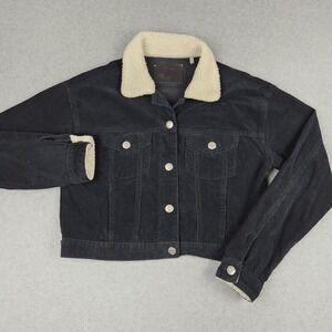 Refuge Denim Trucker Jacket Womens M Black Corduroy Sherpa Collar Cropped